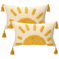 2 Pcs Sun Tufted Lumbar Pillow Cover 12x20 Inch Boho Velvet & Canvas Throw Pillow with Tassels, Yellow Cream Decorative Accent Pillows for Bed, Couch, Living Room & Farmhouse Decor - style: Small Sun