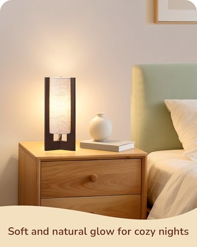 EDISHINE Wood Table Lamp, 13.5" Small Bedside Lamp, Beige Linen Shade, Rosewood Cylinder Nightstand Lamp for Bedroom Living Room, On-Off Line Switch, E26 Base (Bulb Not Included) - color: Dark Walnut Color