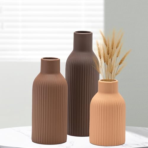 Ceramic Vase Set of 3, Flower Vases for Spring Room Decor, Kitchen Farmhouse, Modern Boho Style(Brown/Dark Brown/Orange) - color: Brown/Dark Brown/Orange