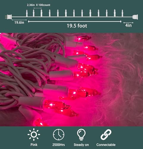 HISHINY Christmas Lights 100 Count Pink Christmas Tree String Lights with White Wire for Outdoor Indoor Christmas Decorations Wedding Decorations Valentines Day Decor,UL Certified (21feet) - color: Pink