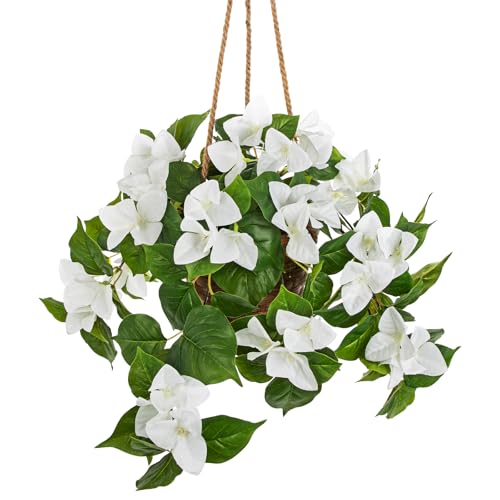 Briful Fake Hanging Basket Flowers, 27.5in Faux White Bougainvillea Flowers in Woven Rattan Planter with Cascading Vines for Home Garden Balcony Outdoor Porch Decor - color: White