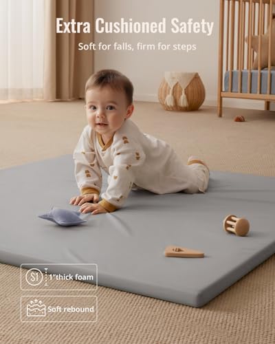 Blissful Diary Vegan Leather Baby Play Mat, 47x47 Thicken Foam Cushioned & Waterproof Playpen Mat for Infants and Toddlers, Stylish and Just Wipe-Clean Playmat for Baby Play on Floor, Light Gray - color: Light Gray, size: 47" X 47"