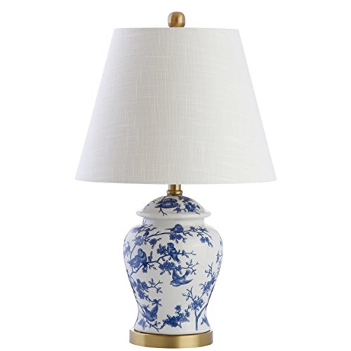 JONATHAN Y 22" Blue/White Ceramic Table Lamp, French Country Chinoiserie Ginger Jar LED Bedside Lamp for Living Room Bedroom, White Linen Shade, JYL3005A - color: Blue/White, size: Set of 1