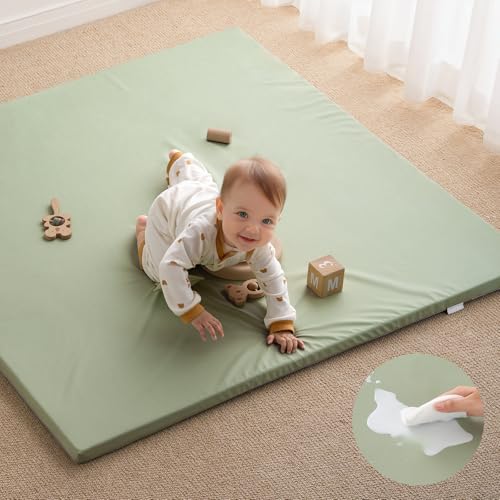 Blissful Diary Vegan Leather Baby Play Mat, 47x47 Thicken Foam Cushioned & Waterproof Playpen Mat for Infants and Toddlers, Stylish and Just Wipe-Clean Playmat for Baby Play on Floor, Light Green - color: Light Green, size: 47" X 47"