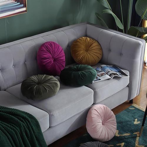 Round Throw Pillow, 13.7 Inch Soft Solid Color Dutch Velvet Home Decoration Pleated Round Pillow Floor Cushion for Sofa Couch Chair Bed Living Room, Pink - color: Pink