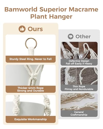 Bamworld Macrame Plant Hanger Indoor Hanging Planter for Plants Hanging Plant Basket Macrame Wall Hanging Planters Boho Decor Home Room Decor Aesthetic 36 Inches Ivory, Set of 2