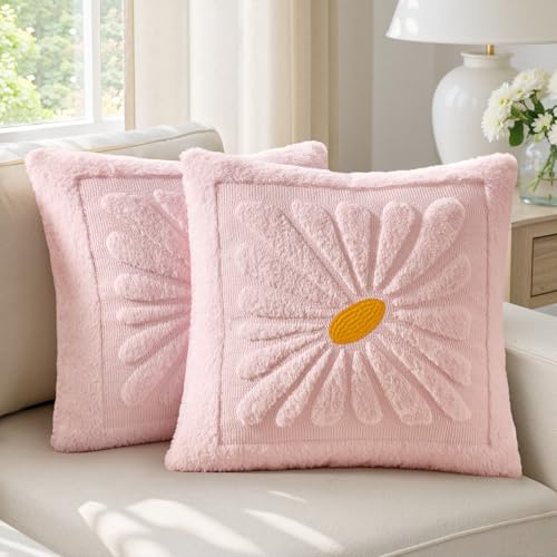 EMEMA Set of 2 Spring Summer Sunflower Floral Pillow Covers, Plush Faux Fur Decorative 18x18 Cushion Cases Adding a Soft, Bright Seasonal Accent to Sofa Couch Bed Modern Farmhouse Living Room, Pink - color: Light Pink, size: 18" x 18" (Pack of 2)