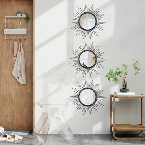 3 Pack Black Metal Wall Mirrors Sunburst Wall Mirrors Home Décor Art Decorative Modern Bohemian Hanging Wall Art for Bedroom Bathroom Living Room Entryway Small 12'' - color: Sunburst-black, size: 3 Set 12"L x 12"W