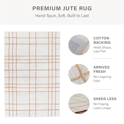 Homespice Faye Jute Plaid Area Rug 3x5' - Cotton Backed Premium Handmade Geometric Area Rug for Kitchen and Hallway, Lays Flat, Won't Fray or Shed, Soft Linen White with Beige Windowpane - color: Faye, size: 3' x 5' (Rectangular)