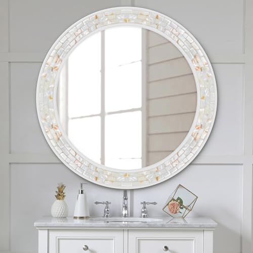 Tanmicoshomy 36 Inch Large Round Mirror, Natural Shell Inlay Framed Large Circle Mirrors with Shatterproof Glass for Bathroom Bedroom Living Room or Entryway (White) - color: White, size: 36"L x 36"W