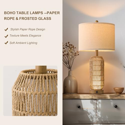OYEARS 25" Table Lamps Set of 2 with Night Light,Bedside Lamps for Bedroom,Boho Lamps with USB C+A Charging Ports,Farmhouse Table Lamp with Rattan,Frosted Glass,Linen Shade (Wood Grain,Bulb Included) - color: Wood-Grain