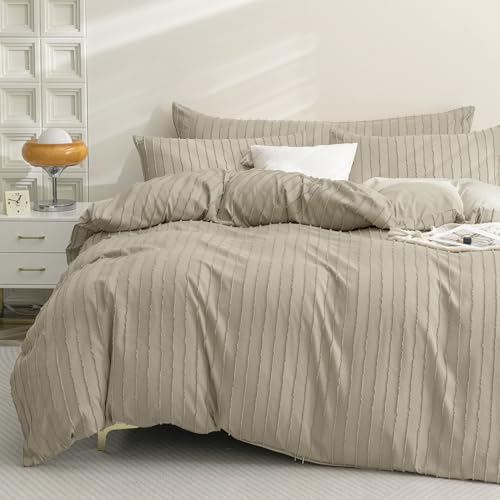 JELLYMONI Duvet Cover Full Size Khaki - 3PCS Boho Striped Duvet Cover Set Polyester Tufted Bohemian Textured Comforter Cover 80×90in with Corner Ties & Zipper and 2 Pillowcases - color: Khaki-striped, size: Full(80"×90")