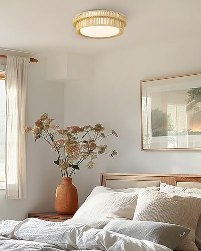 Boho Light Fixtures Ceiling 15W LED, HWH 13'' Woven Rattan Flush Mount Ceiling Light, Handwoven Twine Cage Light Fixtures 5CCT, 5HYS78F-LED - color: Beige, size: 13 Inch