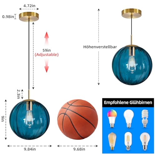 Modern Blue Glass Pendant Light, Kitchen Island Lighting 2-Pack Globe Pendant Light Fixtures Century Kitchen Island Pendant Lighting for Bedroom Living Dining Room Light Fixture (Without Bulb) - color: Blue-1 Light-2PC