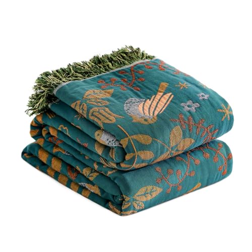 LUTBM Boho Throw Blanket for Bed 100% Cotton Soft Quilt Summer Lightweight Blanket Bird Floral Embroidery Room Decor Twin Bed Blankets,60"x80" All Season Breathable Throw for Sofa&Couch Chair - color: Animal-bird-a, size: 60"×80"