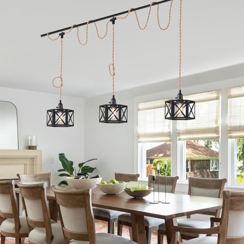 3 Light Plug in Pendant Light Rattan Hanging Lights with Switch 22FT Industrial Ceiling Light,Plug in Cord with Woven Hemp Rope Lamp Shade, Hanging Lamp Cord Farmhouse Cable DIY - color: 3 Light Style A