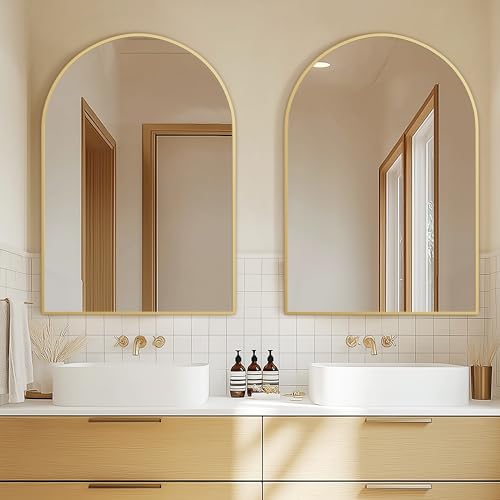Arched Bathroom Mirror for Wall, 36" x 24" Gold Metal Frame Vanity Mirror, HD Glass Over Sink for Bathroom, Entryway, Bedroom - color: Gold, size: 36"L x 24"W