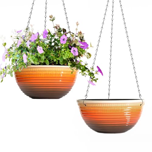 Vanslogreen 2 Pack Hanging Planters for Indoor Outdoor Plants, 10 Inch Hanging Planter with Drainage Hole & Plug Glazed Hanging Baskets Flower Pots for Garden Home, Orange - color: Orange, size: 10inch