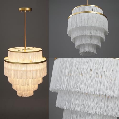 5-Tiered Boho Chandelier with Metal and White Fringe,3 Lights Fringe Pendant Light Fixture,Tassle Chandelier for entryway,Dining Room,Baby Nursery,Gold and White - color: White-Pendant