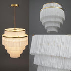 5-Tiered Boho Chandelier with Metal and White Fringe,3 Lights Fringe Pendant Light Fixture,Tassle Chandelier for entryway,Dining Room,Baby Nursery,Gold and White - color: White-Pendant
