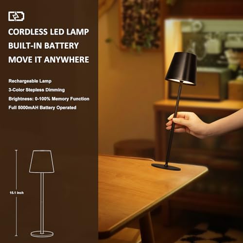 Kakanuo Cordless Table Lamp, 3 Color Stepless Dimming, 5000mAh Rechargeable Battery Powered, Outdoor LED Lamps, for Dining Room, Living Room, Bedroom, Bar, Cafe, Restaurant, Patio, Camping - Black - color: Black - Triangle Shade, size: 2 Pack 14in - Down