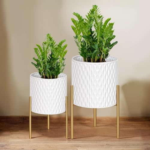 ARNIS Plants Pots with Stand, Set of 2 Planters, Unique Mid Century Decorative Metal Flower Pots with Drainage, 10.5 & 12.25 Inch, White and Gold - color: Glossy White, size: 10.5 &12.25