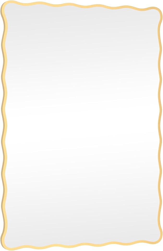 Gold Wavy Bathroom Mirror 28" x 40" Rectangle Scalloped Mirror for Wall Decor, Bathroom Vanity, Bedroom, Living Room, Entryway