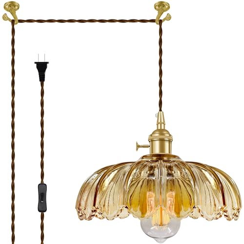 Plug-in Pendant Light Fixture, Hanging Light Fixture, Glass Pendant Light, Swag Lamp with Inline On/Off Switch for Kitchen Island, Bedroom, Dining Room, Living Room (Amber, 15 Ft Cord) - color: Amber, size: 15 ft