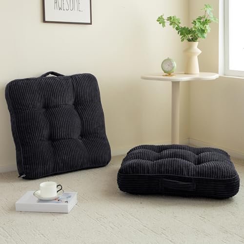 HIGOGOGO Floor Pillow Cushion for Adults, Meditation Cushion Pillow, Large Square Floor Sitting, Tufted Corduroy Cover, for Tatami Living Room or Yoga, 22x22 Inch, 2Pack, Black - color: Square Black, size: 4" Thick(Pack of 2)