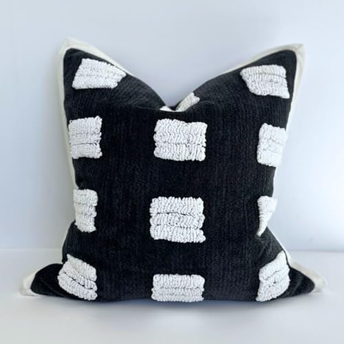 Tufted Boho Throw Pillow Cover, Soft and Luxurious Chenille Fabric, 18x18 inches, Decorative Black and White Pillowcase for Couch, Bedroom, Living Room, Modern Pillowcase for Home Decor - color: Black Base With White Textured Rectangles