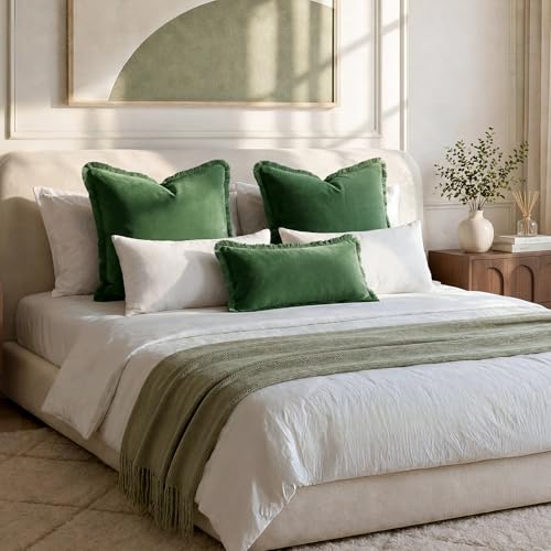 HOMEIDEAS Olive Green Velvet Throw Pillow Covers 24x24 Set of 2, Luxury Decorative Pillow Covers with Short Fringe Tassels, Modern Farmhouse Boho Cushion Covers for Sofa Couch Bed Neutral Home Decor - color: Olive Green, size: 24" x 24" (Pack of 2)