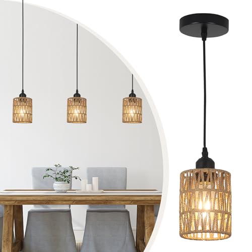 LAMSU 3 Pack Rattan Pendant Lights Kitchen Island, Farmhouse Pendant Lighting with Hand Woven Wicker Shade, Boho Chandelier Light Fixtures Ceiling Hanging for Dining Room Bedroom Foyer Hallway - size: 3 Pack