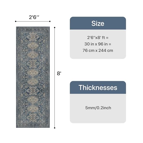 Bavni Washable Runner Rug 2’6”x8’, Non Slip Vintage Hallway Runner, Ultra Thin Low Pile Washable Carpet for Kitchen Entryway Bedroom, Blue - color: Blue, size: 2'6" x 8' (Rectangular)