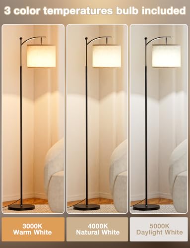Ambimall Tall Floor Lamps with 3 Color Temperatures Bulb & Adjustable Linen Shade, for Living Room, Bedroom, Office, Classroom, Dorm Room (9W Bulb Included), Beige & Black, 60" - color: Beige & Black