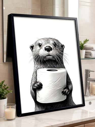 LBTZEVIR Framed Black and White Bathroom Wall Art Cute Animal Wrapped Canvas Painting Otter Holding Toilet Paper Wall Decor Modern Humor Painting Wall Funny Bathroom Wall Decor for Hme 16×12in - color: Black and White, size: 16"L x 12"W