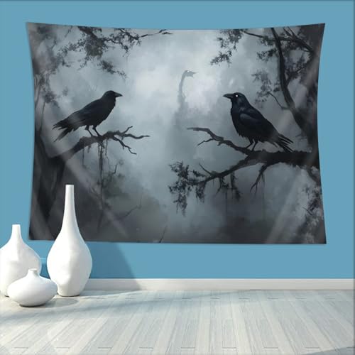 ZKPeFeH Misty forest crows Tapestry Crow Tapestry Raven Tapestry Halloween Tapestry Gothic Tapestries Full Moon Tapestry 60x80 Inch - color: Misty forest crows 0, size: 60x80 Inch