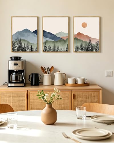 KUVIOKE Vintage Mountain Framed Wall Art Watercolor Nature Boho Sun Rise Paints Farmhouse Rustic Room Decor Ready to Hang 11x14in (Natural Framed) - color: Mountains and Forests, size: 11 x 14in x 3 Panels Natural