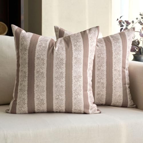 DOMVITUS Floral Pillow Covers 24x24 Inch Set of 2, Vintage Striped Block Print Decorative Throw Pillow Covers Neutral Farmhouse Boho Home Decor for Couch Sofa Bed Living Room, Brown - color: Brown, size: 24" x 24" (Pack of 2)