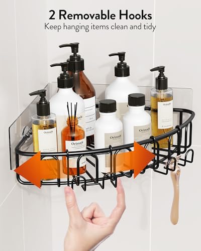 Orimade Corner Shower Caddy with 2 Hooks Wall Mounted Metal Bathroom Shelf Storage Organizer Adhesive No Drilling 2 Pack, Black Only for 90-Degree Corner - color: Matt Black