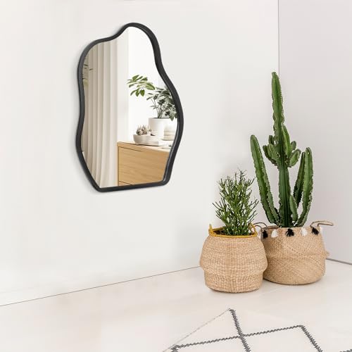 Irregular Mirror for Wall Decor Asymmetrical Wooden Framed Wall Mirror Modern Unique Shape Vanity Artistic Cloud Mirror Decorative for Living Room Bedroom Bathroom Entryway Black - color: Inky, size: 26"L x 18"W