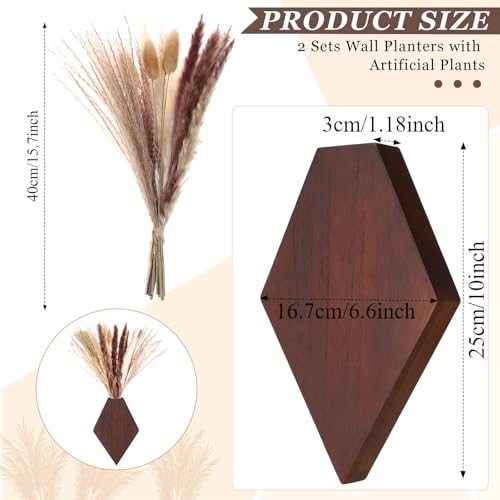 2 Pcs Bohemian Wooden Wall Planter Set with Pampas Grass Modern Farmhouse Wall Decor for Living Room, Bathroom, Bedroom, Office(Brown,Regular Style) - color: Brown, style: Regular Style