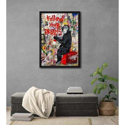 Banksy Canvas Wall Art Monkey Follow Your Dreams Street Graffiti Wall Art Banksy Prints Gorilla Poster Monkey Artwork Graffiti Pictures Painting for Home Living Room Decor 16x24 Inch Black Framed - color: Monkey Prints, size: 16x24 Inch Black Framed