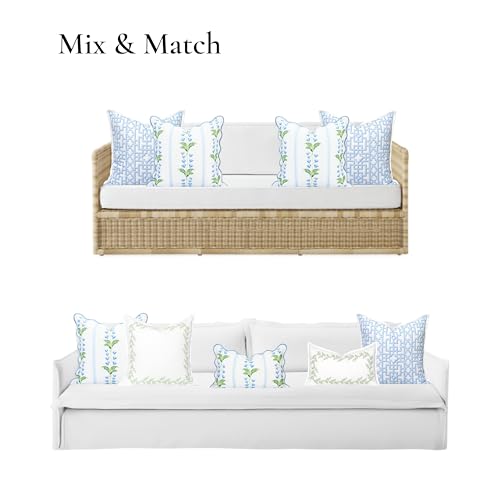 Hofdeco Premium Grandmillennial Coastal Hampton Patio Indoor Outdoor Throw Pillow Cover Only, 20"x20" Water Repellent for Backyard, Couch, Poolside, Blue Green Print Striped Lily of the Valley - color: Blue Grass Green Watercolor Striped Lily of the Valle