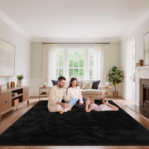 Black Area Rugs 9x12 Living Room Bedroom, Fluffy Large Rug Soft Shag Non-Slip Carpet for Kids Boys and Girls Room Dorm Home Decor (9ft x 12ft) - color: Black, size: 9' x 12' (Rectangular)