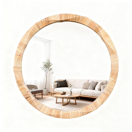 28'' Round Mirror with Irregular Twisted Rattan Frame, Boho Wall Mirror for Bedroom Living Room Entryway Decor (Natural Rattan)