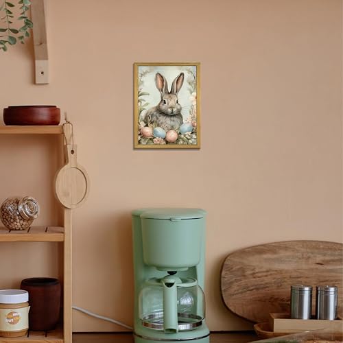 Easter Bunny Wall Art, Vintage Rabbit Canvas Wall Decor, Easter Eggs Poster Print Picture, Spring Farmhouse Animal Painting for Living Room Bedroom Kitchen Holiday Home Decor 8x10 Inch Wood Framed - color: Easter Bunny A, size: 10"L x 8"W