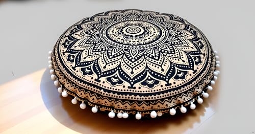 CRAFT KALA 32" Large Round Bohemian Floor Pillow Cover Boho Pouf Cover Mandala Meditation Room Pillows Cover Adults Seating Poufs Cushion Cover for Kids Reading Playroom Black Gold Ombre - color: Black Gold Ombre