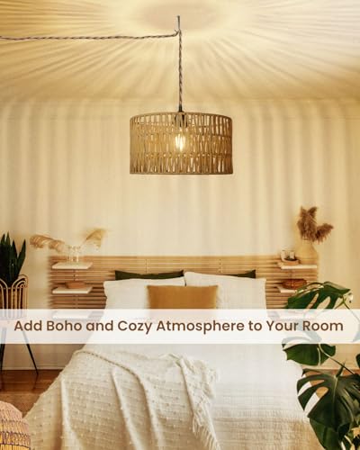 12.6 Inch Boho Hanging Light with Plug in Cord Rattan Hanging Lamp Hand Woven Rattan Wall Lightfor Bedroom, Living Room, Kitchen, Nursery, E26 Base, Indoor,Without Bulb - size: 12.60'' x 6.49''