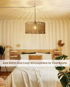 12.6 Inch Boho Hanging Light with Plug in Cord Rattan Hanging Lamp Hand Woven Rattan Wall Lightfor Bedroom, Living Room, Kitchen, Nursery, E26 Base, Indoor,Without Bulb - size: 12.60'' x 6.49''