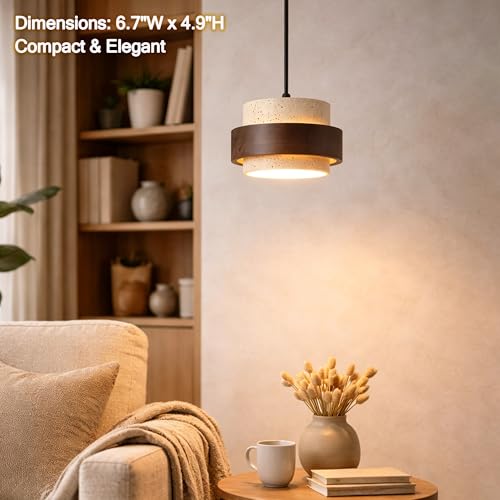 Natural Travertine Pendant Light, Modern Wabi-Sabi Hanging Lamp with Wood Accent, Minimalist Stone Ceiling Light Fixture for Kitchen Island, Dining Room, Cafe, Warm White LED Compatible